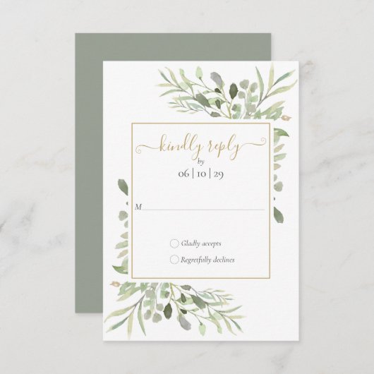 Groen Goud Geometrisch Script Bruiloft RSVP Kaartje (Voorkant / Achterkant)