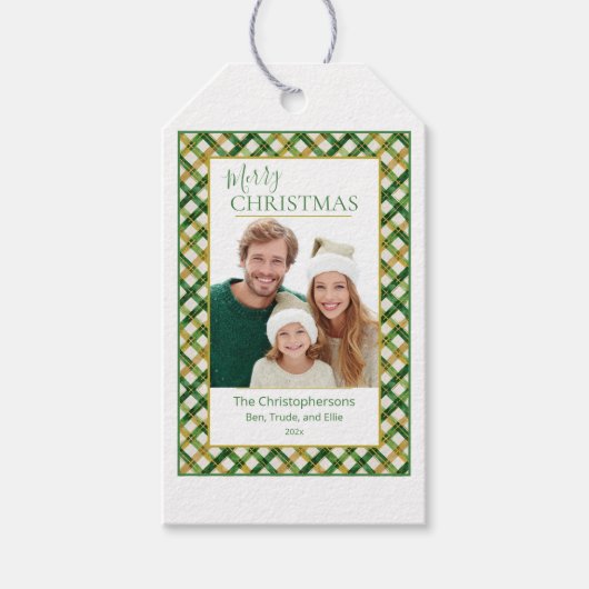Groen Goud Geplaagd Foto Kerstmis Cadeaulabel (Voorkant)