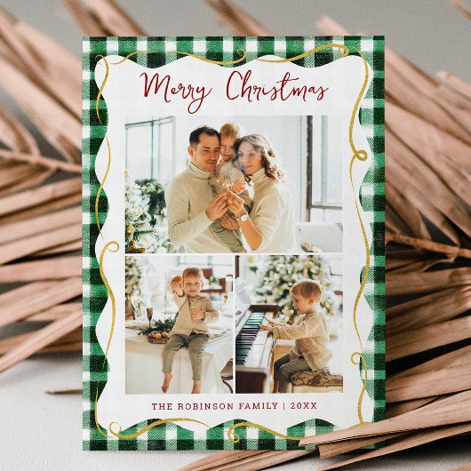 Groen Goud Gingham Patroon Prettig Kerstfeest 3 Fo Feestdagenkaart