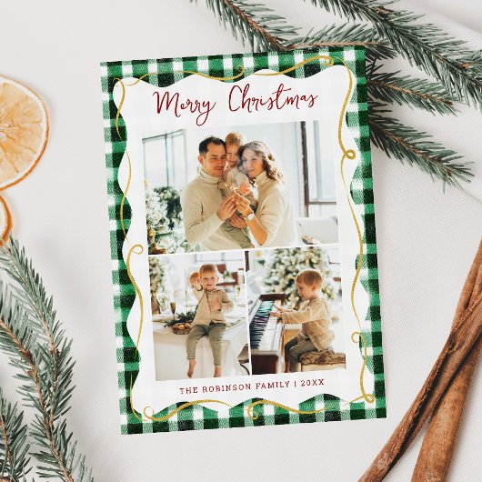 Groen Goud Gingham Patroon Prettig Kerstfeest 3 Fo Feestdagenkaart