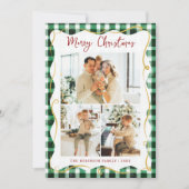 Groen Goud Gingham Patroon Prettig Kerstfeest 3 Fo Feestdagenkaart (Voorkant)