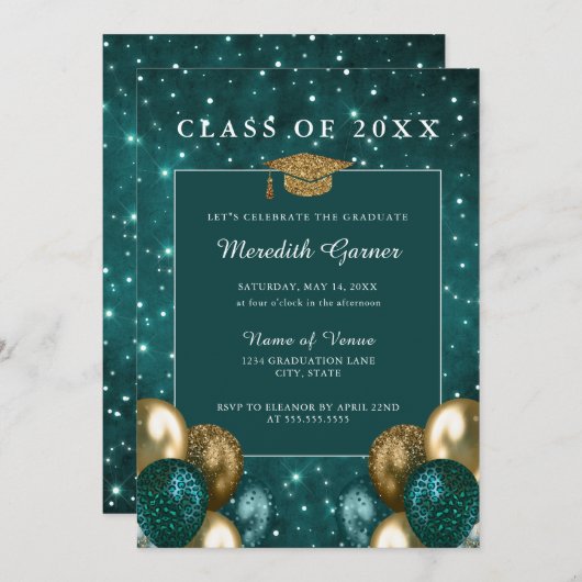 Groen Goud Glitter Ballons Afstuderen Kaart (Voorkant / Achterkant)