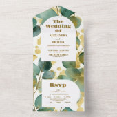 Groen Goud Glitter Eucalyptus Bruiloft All In One Uitnodiging (Binnen)