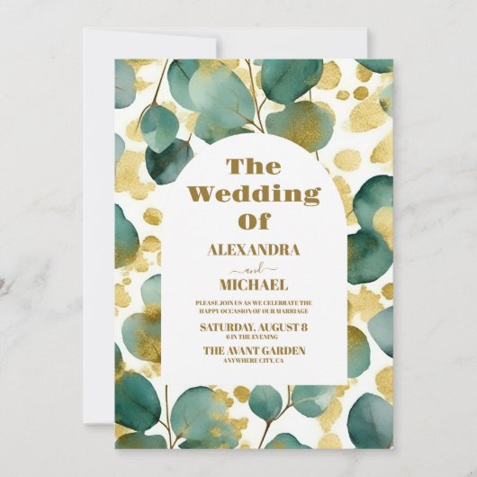 Groen Goud Glitter Eucalyptus Bruiloft Kaart (Voorkant)