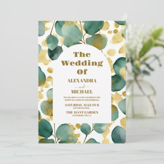 Groen Goud Glitter Eucalyptus Bruiloft Kaart (Staand voorkant)