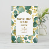 Groen Goud Glitter Eucalyptus Bruiloft Save The Date (Staand voorkant)