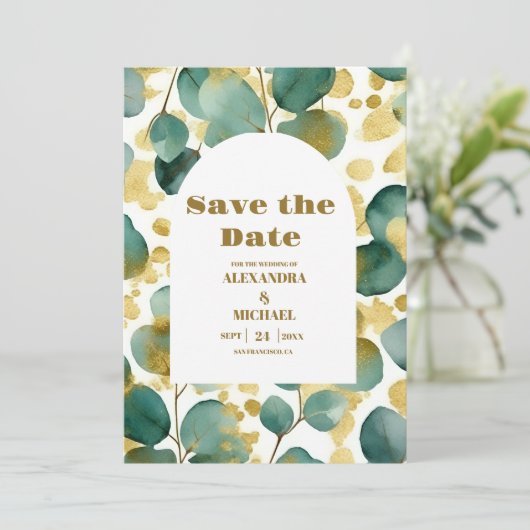 Groen Goud Glitter Eucalyptus Bruiloft Save The Date (Staand voorkant)