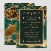 Groen Goud Glitter Jungle Agate Bruiloft Kaart (Voorkant / Achterkant)