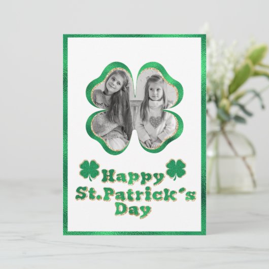 Groen & Goud Glitter Klaver St. Patrick's Feestdagenkaart (Staand voorkant)