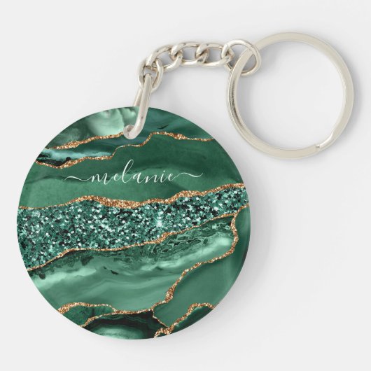 Groen Goud Glitter Marmer Aangepaste Naam Sleutelh Sleutelhanger (Achterkant)