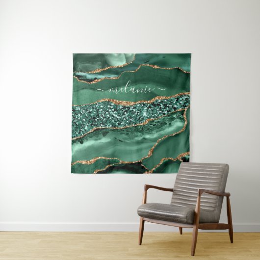 Groen Goud Glitter Marmer Aangepaste Naam Tapestry Wandkleed (In situ)