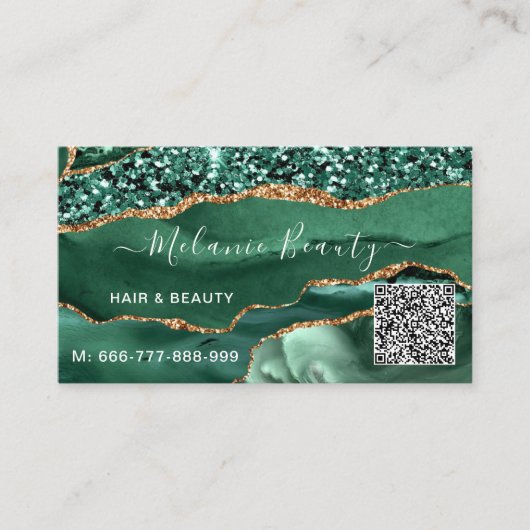 Groen Goud Glitter QR Code Bedrijfskaart Sjabloon Visitekaartje (Voorkant)