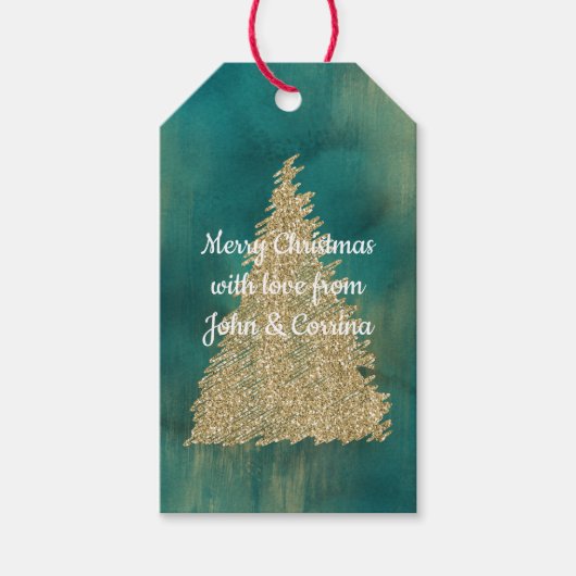 Groen Goud Glitter Sparkle Kerstboom Cadeaulabel (Voorkant)