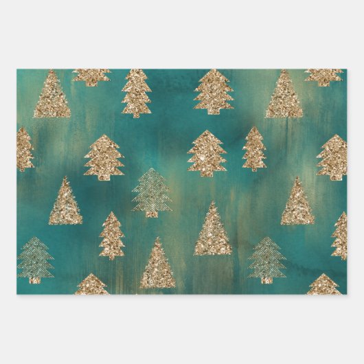 Groen Goud Glitter Sparkle Kerstboom Inpakpapier Vel (Voorkant 3)