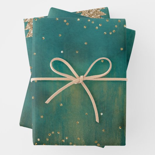 Groen Goud Glitter Sparkle Kerstboom Inpakpapier Vel (In situ)