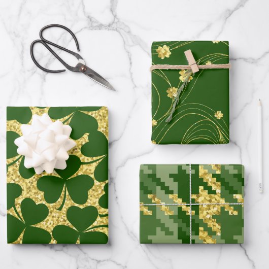 GROEN & GOUD GLITTER UITZIEN IERSE KLAVERBLADEN INPAKPAPIER VEL (Voorkant)