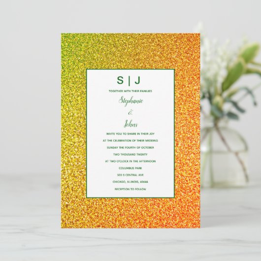 Groen Goud Gouden Gele Glitter Ombre Bruiloft Kaart (Staand voorkant)