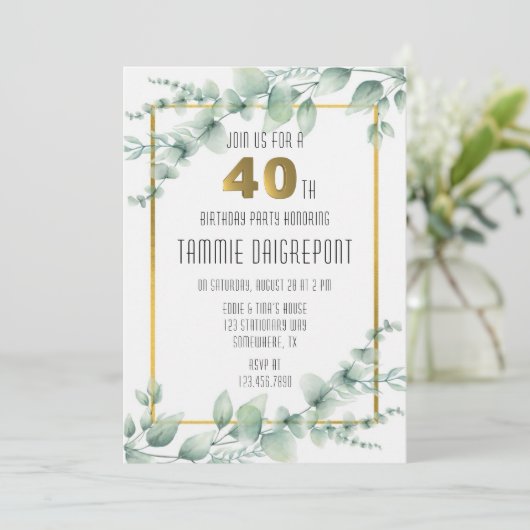 Groen Goud Greeney Eucalyptus 40e Verjaardagsfeest Kaart (Staand voorkant)