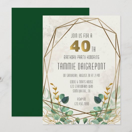 Groen Goud Groen Geometrisch 40e Verjaardagsfeest Kaart (Voorkant / Achterkant)