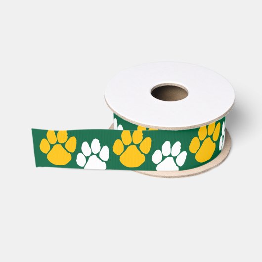 Groen & Goud Herhalende Pawprint Grosgrain Lint (Spoel)