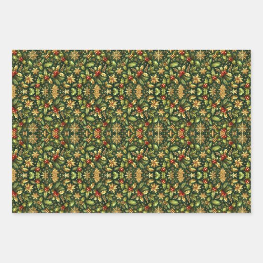 Groen & Goud Hollies Kerst Inpakpapier Vel (Voorkant 3)