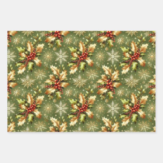 Groen & Goud Hollies Kerst Inpakpapier Vel (Voorkant 2)