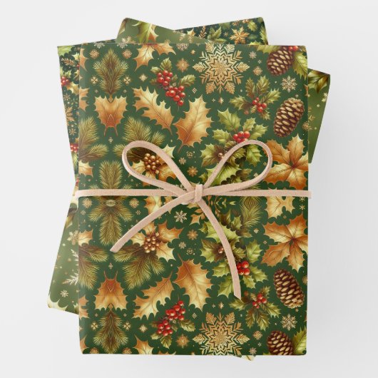 Groen & Goud Hollies Kerst Inpakpapier Vel (In situ)
