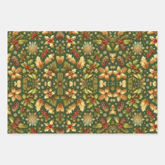 Groen & Goud Hollies Kerst Inpakpapier Vel (Voorkant)