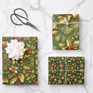 Groen & Goud Hollies Kerst Inpakpapier Vel