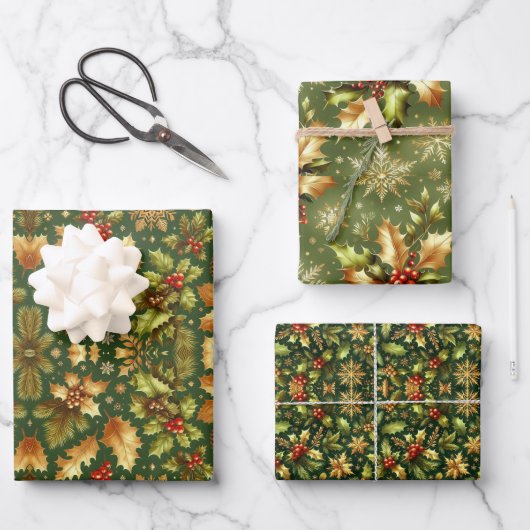 Groen & Goud Hollies Kerst Inpakpapier Vel (Voorkant)