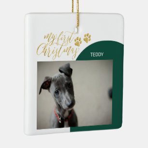 Groen & Goud Huisdier Puppy Eerste Kerst Foto Keramisch Ornament