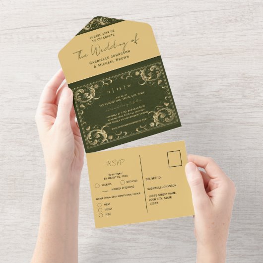  Groen Goud Kant Elegant Budget Bruiloft All In One Uitnodiging (Afscheurbaar)