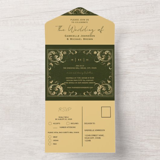 Groen Goud Kant Elegant Budget Bruiloft All In One Uitnodiging (Binnen)