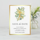 Groen goud katholieke bruiloft save the date (Staand voorkant)