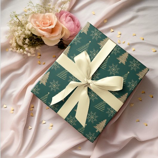 Groen Goud Kerstboom Sneeuwvlok Inpakpapier