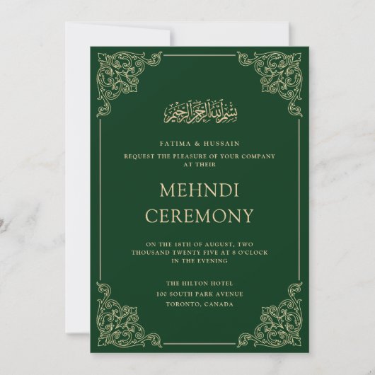 Groen Goud Lijst Henna Mehndi Ceremony Kaart (Voorkant)