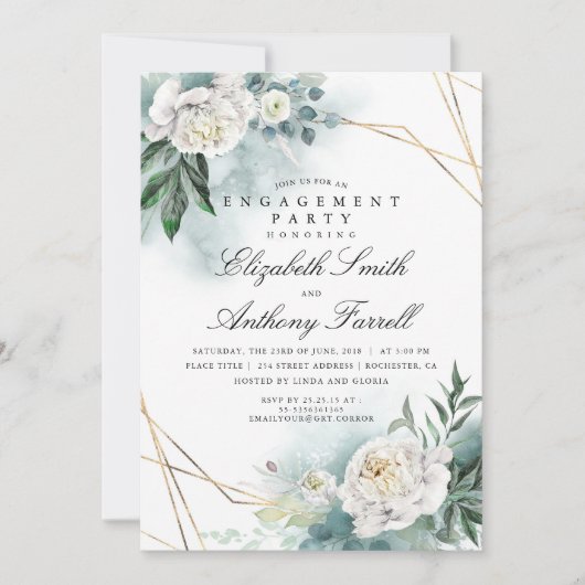 Groen Goud Lijst Wit Bloemen Verlovingsfeest Kaart (Voorkant)