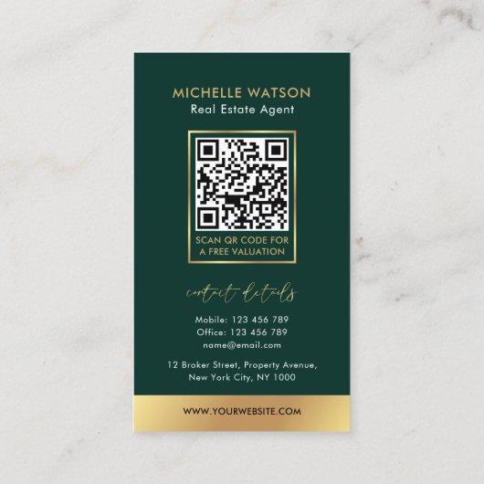 Groen & Goud Logo Chique Notaris Vastgoed QR Code Visitekaartje (Achterkant)