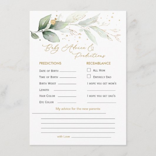 Groen & Goud Loof Baby Voorspelling & Advies Informatiekaartje (Voorkant)