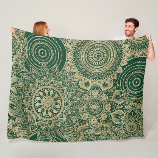 Groen Goud Mandala Collectie Fleece Deken (In situ)