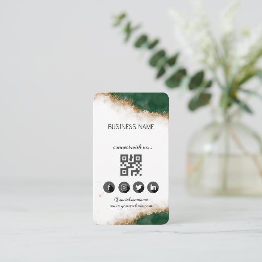 Groen-Goud Marmer- Social Media QR Code Visitekaartje (Staand voorkant)