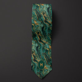 Groen & Goud Marmered Monogram Stropdas