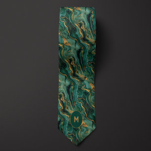 Groen & Goud Marmered Monogram Stropdas