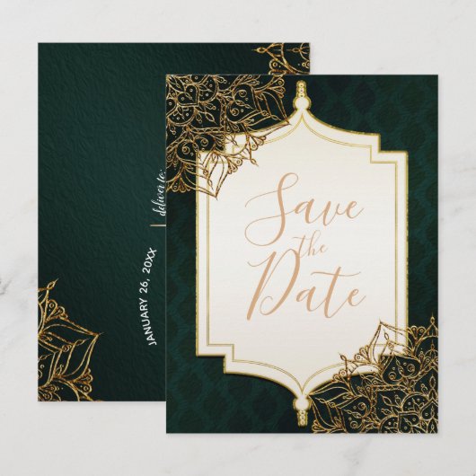 Groen & Goud Marokkaanse Arabische Nachten Bewaar  Aankondigingskaart (Voorkant / Achterkant)