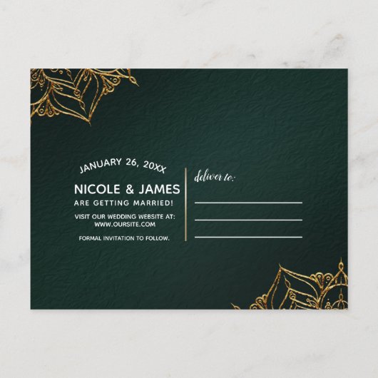 Groen & Goud Marokkaanse Arabische Nachten Bewaar  Aankondigingskaart (Achterkant)