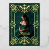 Groen Goud Masquerade Foto Quinceanera Folie Uitnodiging (Voorkant)