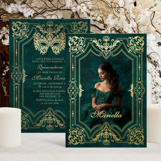 Groen Goud Masquerade Foto Quinceanera Folie Uitnodiging