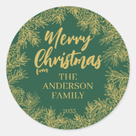 Groen Goud Moderne Elegante Botanische Kerst Ronde Sticker