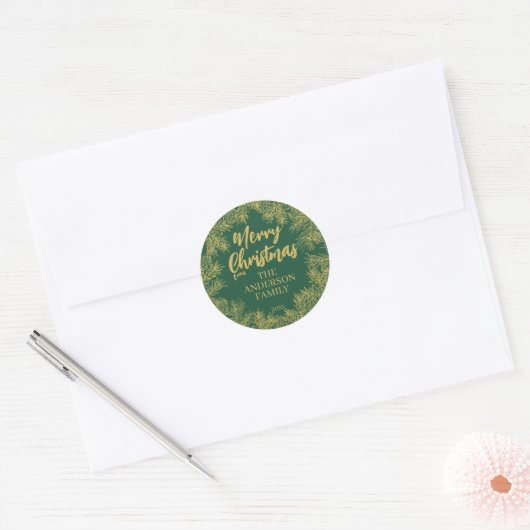 Groen Goud Moderne Elegante Botanische Kerst Ronde Sticker (Envelop)