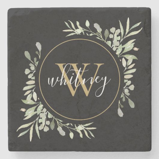 Groen goud monogram elegante script zwart stenen onderzetter (Voorkant)